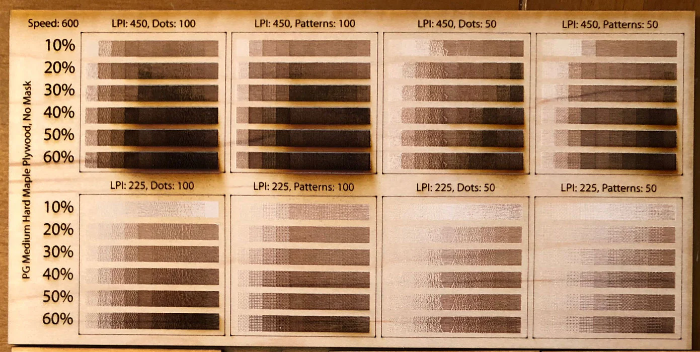 Hard maple plywood sheet used for laser cutting tests